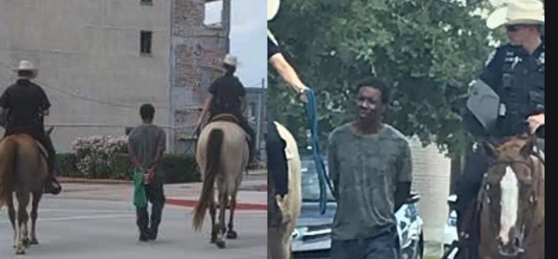 Neely being led by the officers on a rope linked to handcuffs – reminiscent of pictures showing slaves in chains.