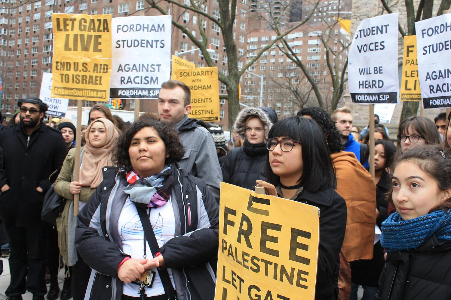 Fordham University students demonstrate on behalf of freedom in Palestine and free speech on campus.