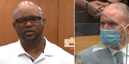 Terrence Floyd, the brother of George Floyd, is shown here asking killer-cop Derek Chauvin why he committed this murder.